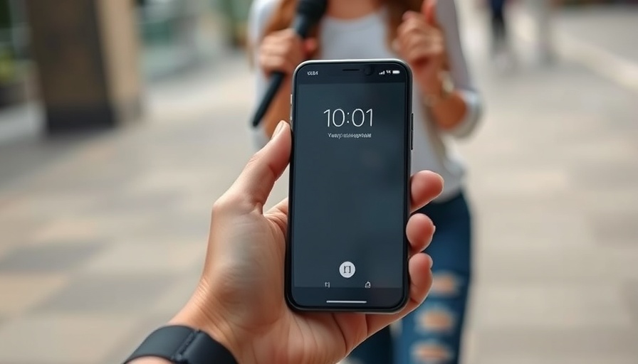 Smartphone in hand showing lock screen image of a woman outdoors, casual background.