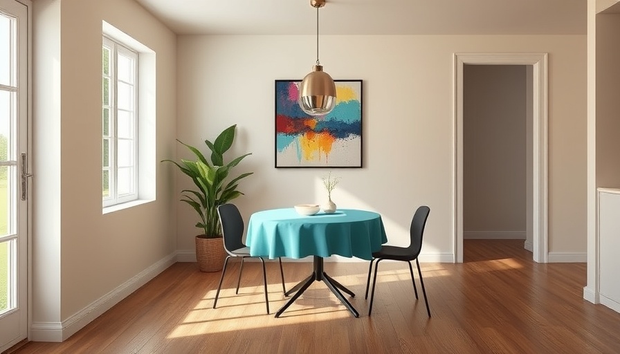 Minimalistic modern dining room with art piece and pendant light.