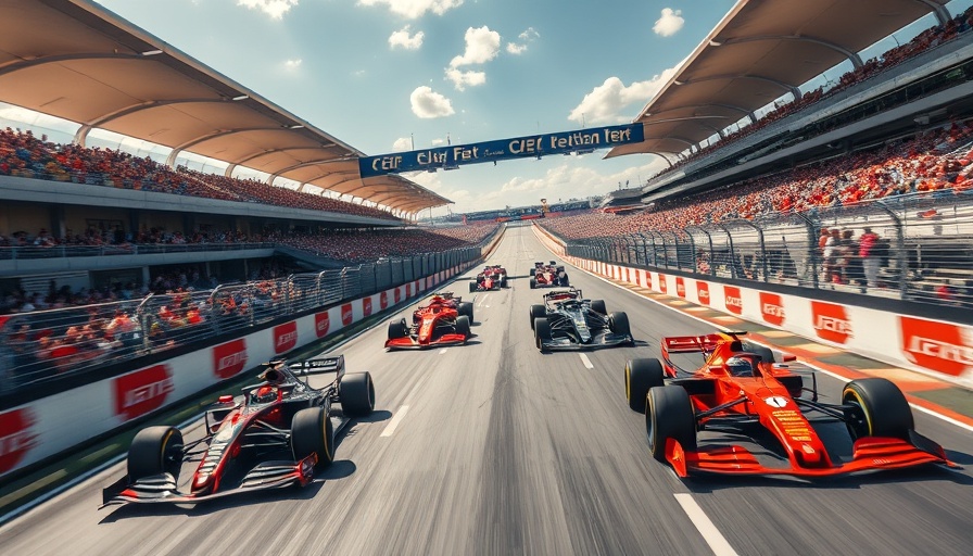 Exciting scene of Madrid F1 race with racing cars and crowd.