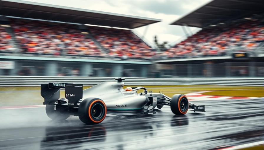 Formula 1 car racing in wet conditions at Montreal track.