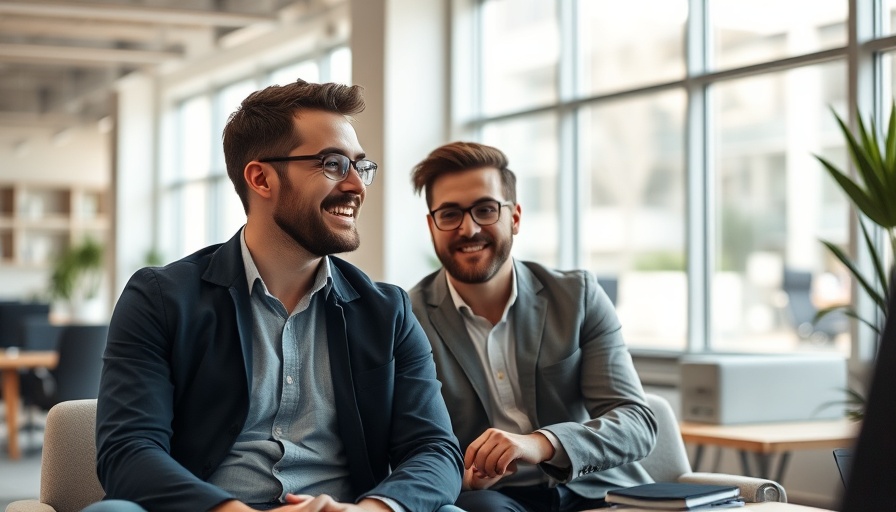 Casual office conversation in modern setting with natural light.
