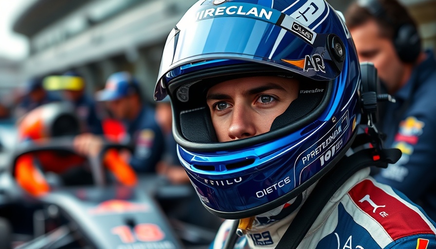 Professional F1 racer preparing for race with vibrant blue helmet.