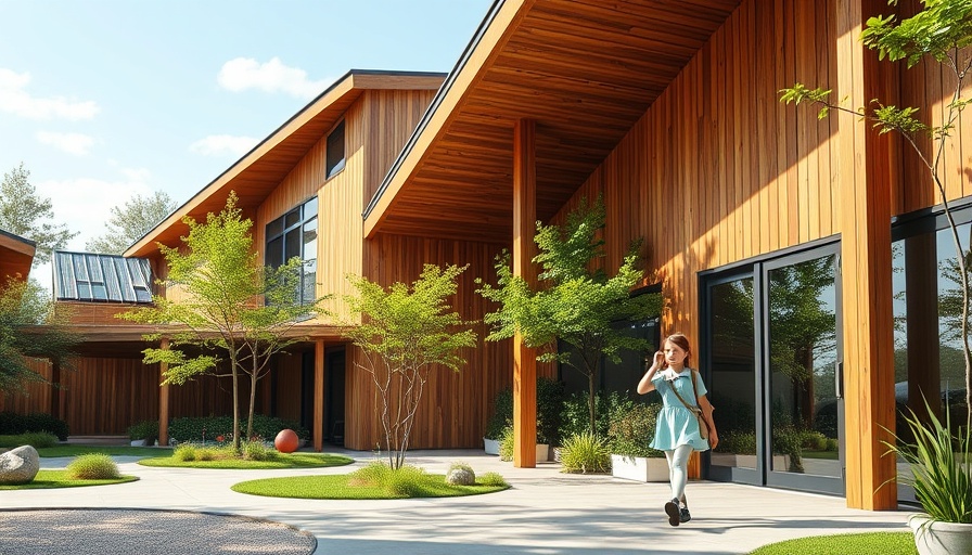 Sustainable school in Brazil with child entering modern eco-friendly building