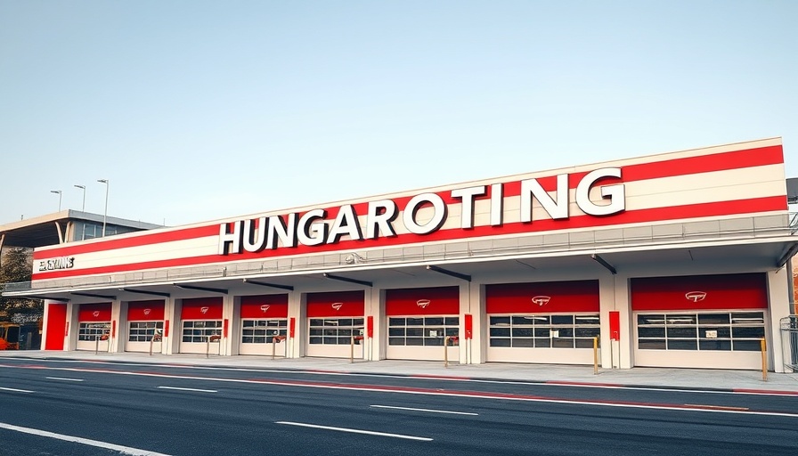 Hungarian Grand Prix venue at the Hungaroring with modern architecture.