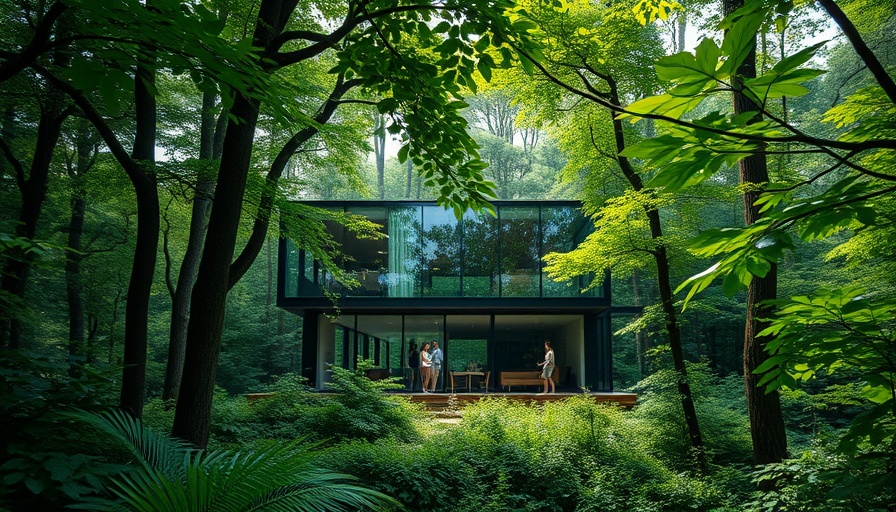 Modern glass house in forest architecture, surrounded by lush greenery and trees.