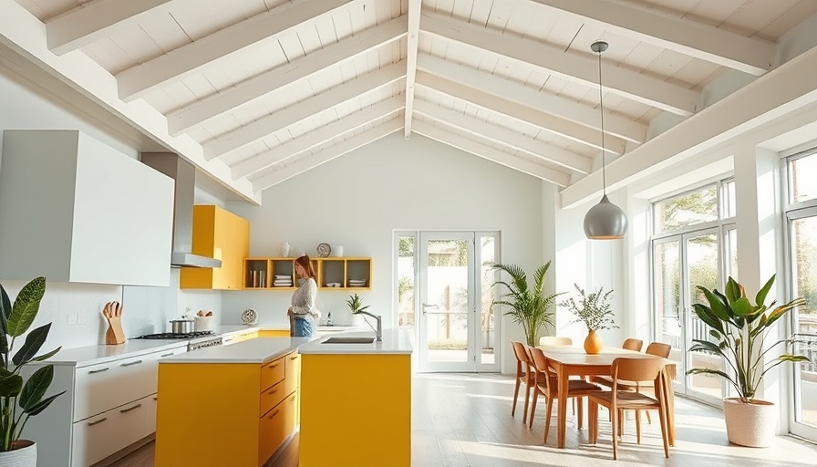 House JN109 design modern kitchen with high ceiling beams.