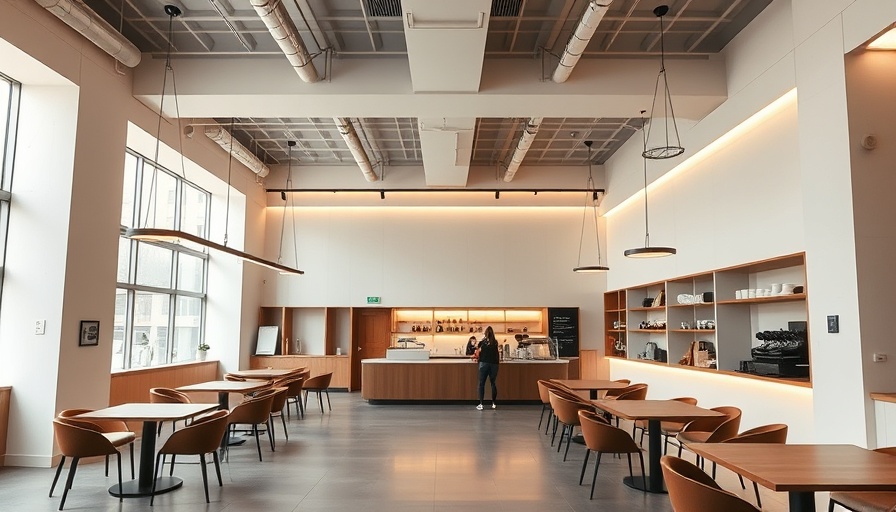 Minimalist modern coffee shop with geometric design and open layout.