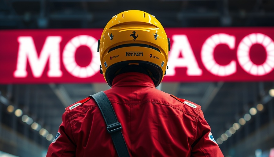 Ferrari driver in red suit and yellow helmet facing Monaco sign, vibrant race scene