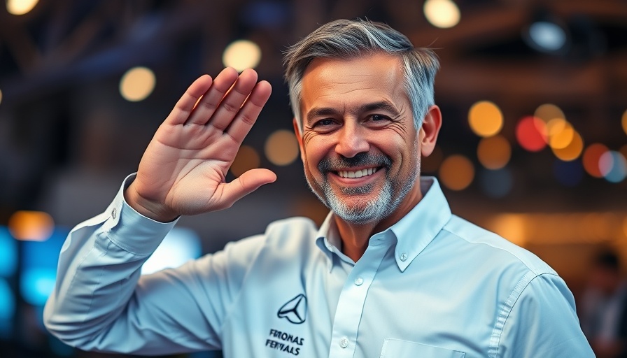 Middle-aged man in F1 shirt saluting indoors, Fred Vasseur Ferrari future.