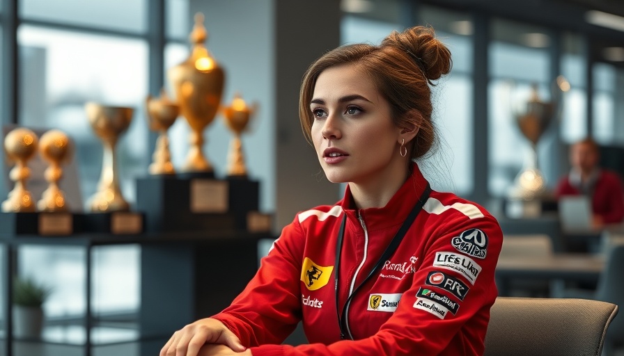 Female Formula 1 engineer sitting in modern office with trophies.