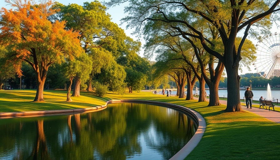 Queen Elizabeth II Memorial Design park scene with pond and trees.