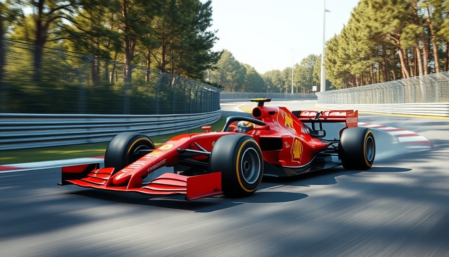 Ferrari F1 car racing dynamically on track under bright daylight, showcasing Ferrari pit stop performance.