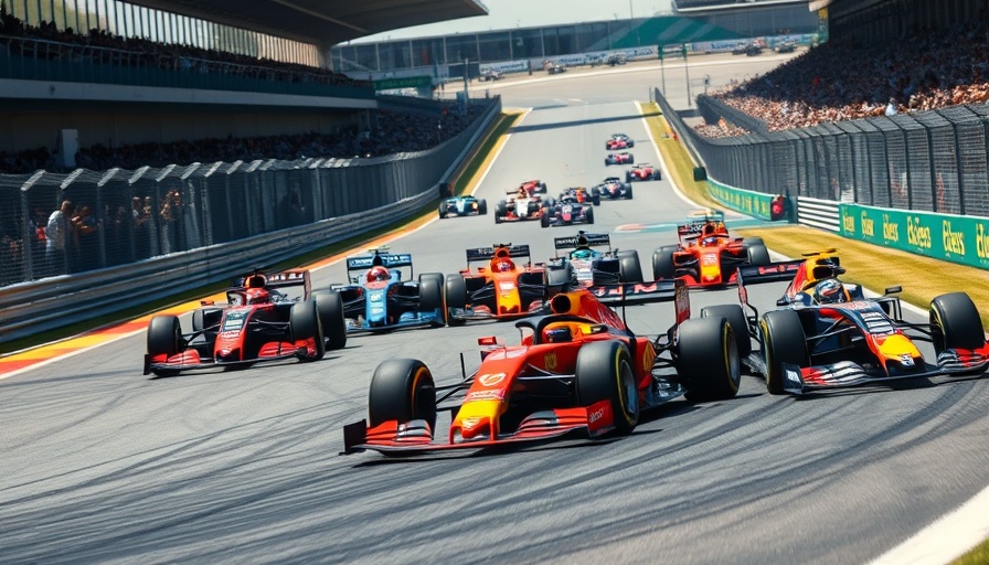 F1 cars racing on track, showcasing speed and excitement.