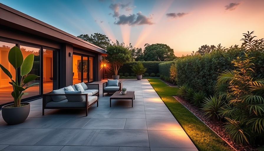 Modern outdoor tile collection on patio with seating and lights.