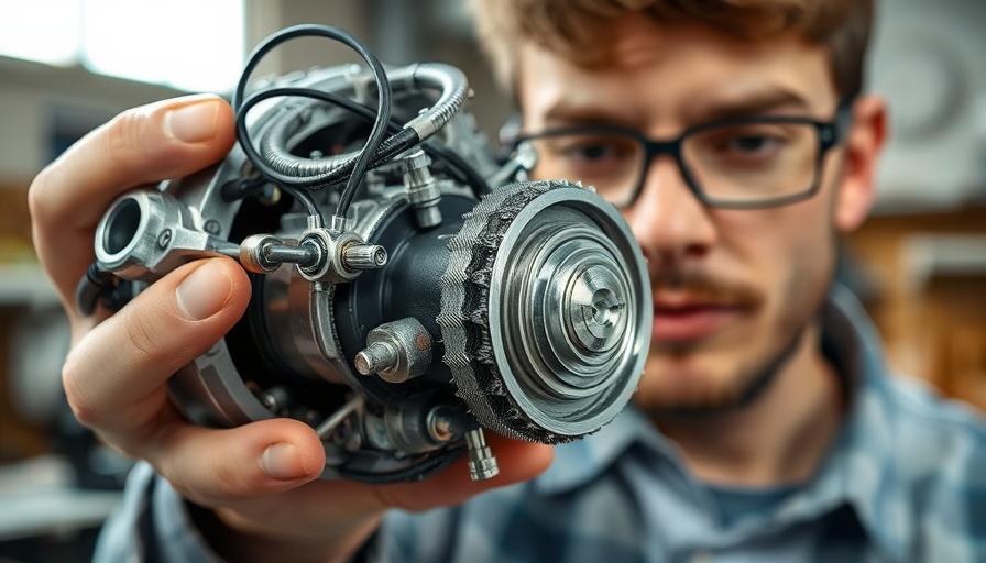 Close-up of a person holding complex mechanical component, self tuning features focus.