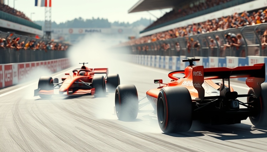 Formula One racing cars in a competitive close-up on the track.
