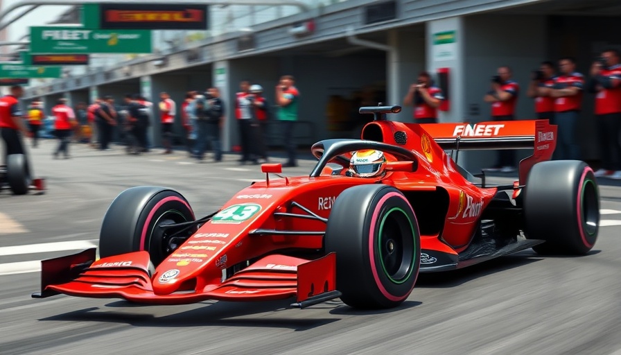 Red Formula One car speeding in pit lane, vibrant racing scene.