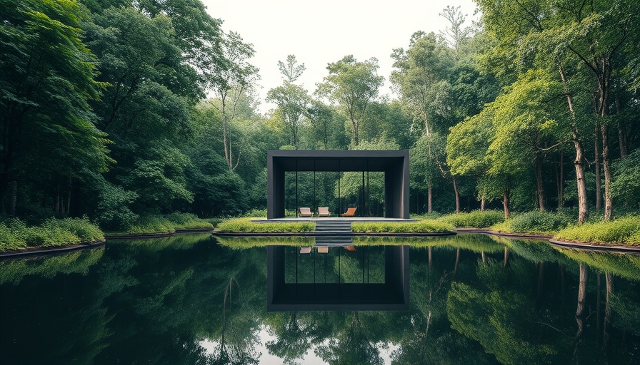 Pavilion of the Reserve architecture amidst forest by a pond