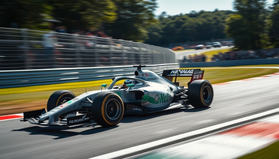 Formula 1 car racing on track with motion blur.