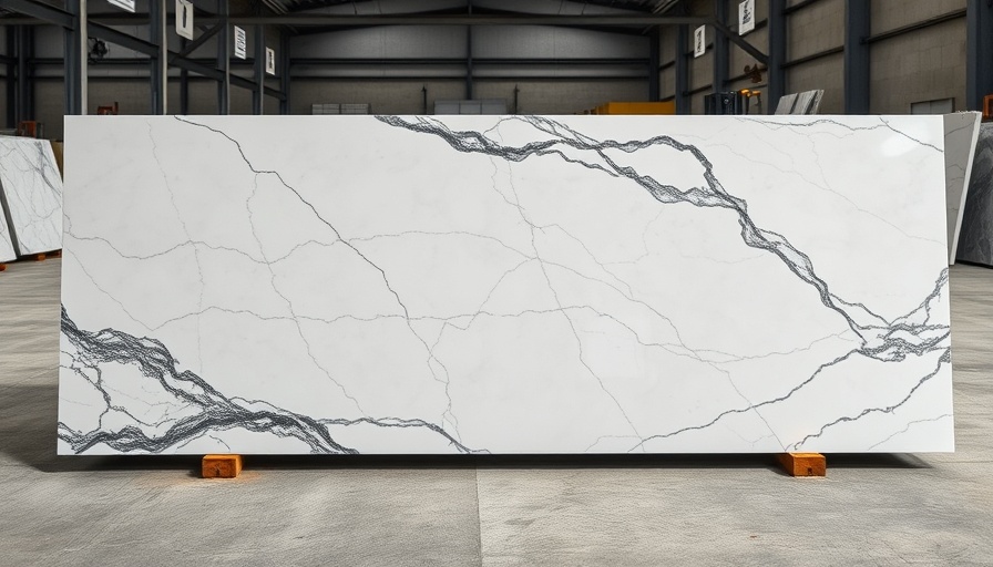 White marble with dark veining in industrial setting.