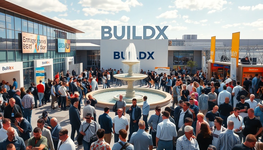 Crowd at Buildex Event in Syria near fountain and exhibition.
