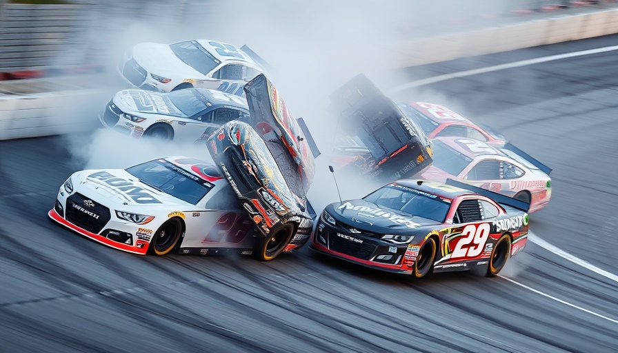 NASCAR Xfinity pileup with multiple cars colliding on the track.