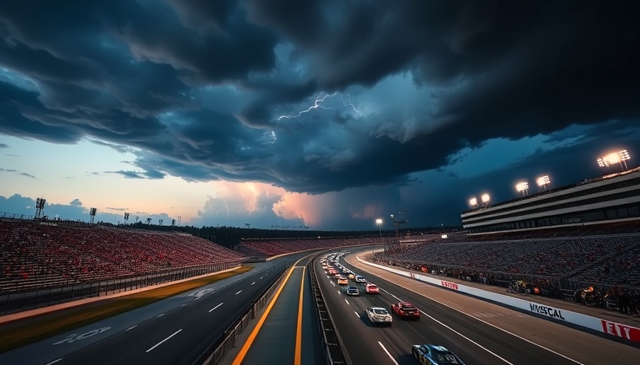 NASCAR Xfinity race cars on track at dusk under stadium lights, potential lightning delay.