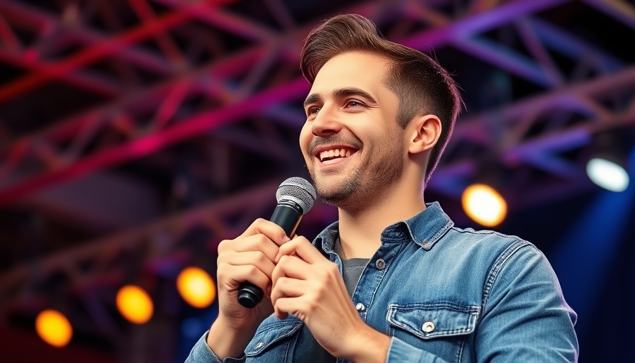 Casual man on stage holding microphone, Formula 1 event.