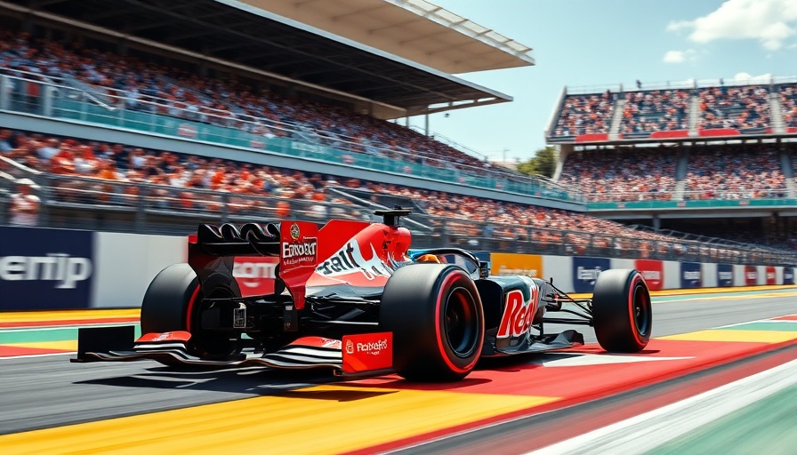Formula One car racing on track with blurred audience background.