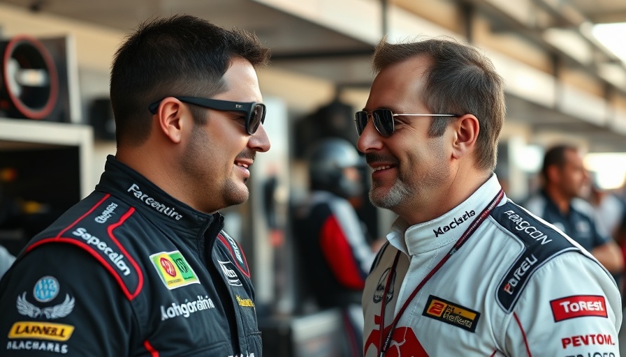 Casual moment at Formula 1 event, team members sharing a laugh.