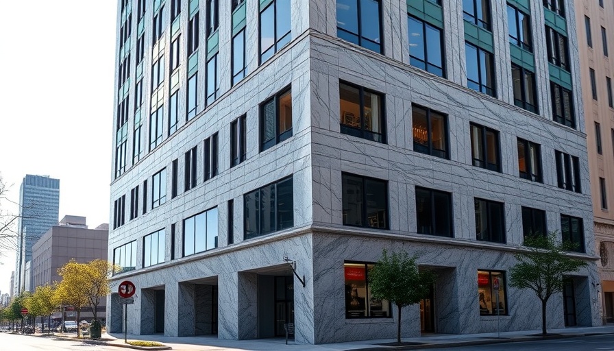 Sleek granite facade building, modern city corner, European granite market growth.