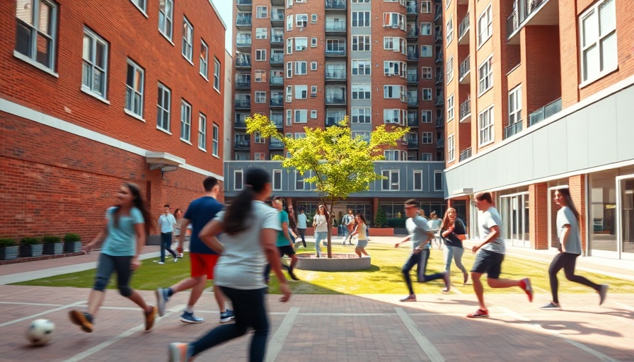 Modern courtyard with urban design and active students