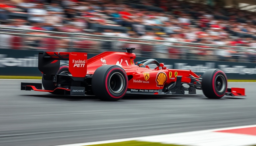 Ferrari Formula 1 car racing with blurred grandstand backdrop.