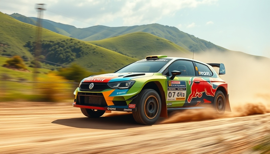 Rally car speeding through dusty track during WRC Acropolis Rally.