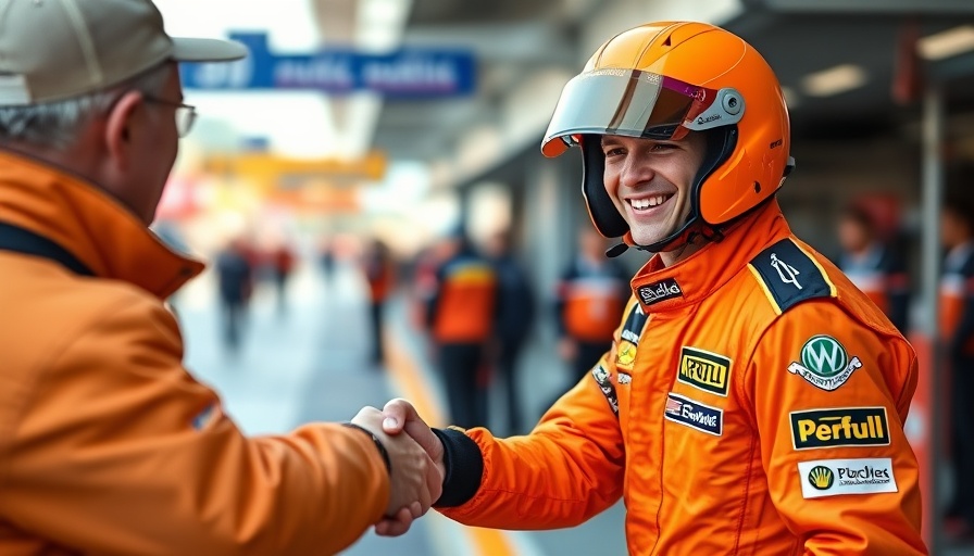 Young Formula 1 driver in orange suit shaking hands in pit lane.