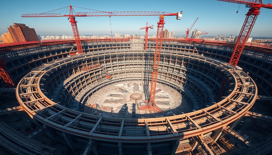 Aerial view of dry construction in a humid city, featuring a large circular building and crane.