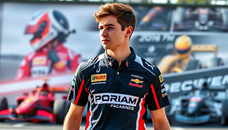 Young man in Formula One gear walking along a track backdrop.