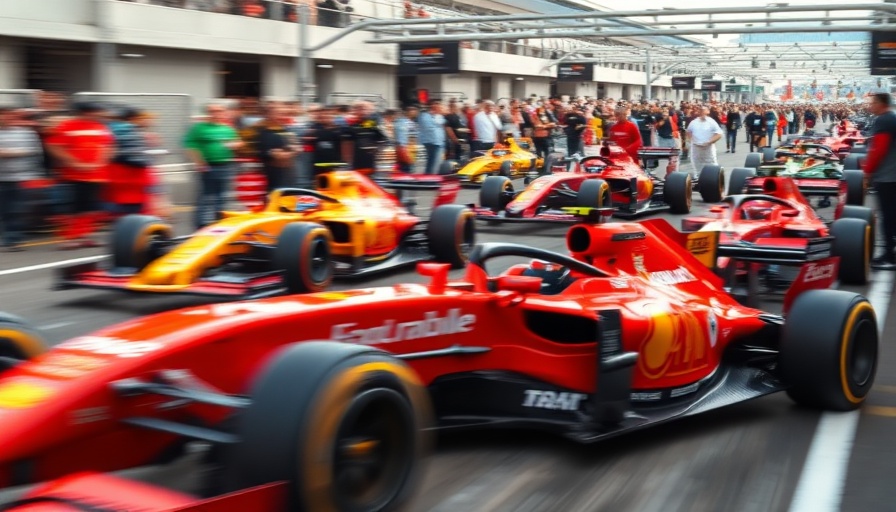 Formula One car rapidly exiting pit lane with vibrant motion blur.