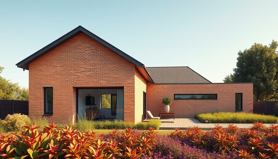 Nha Xuan Tay Residence with brick design and garden under blue sky.