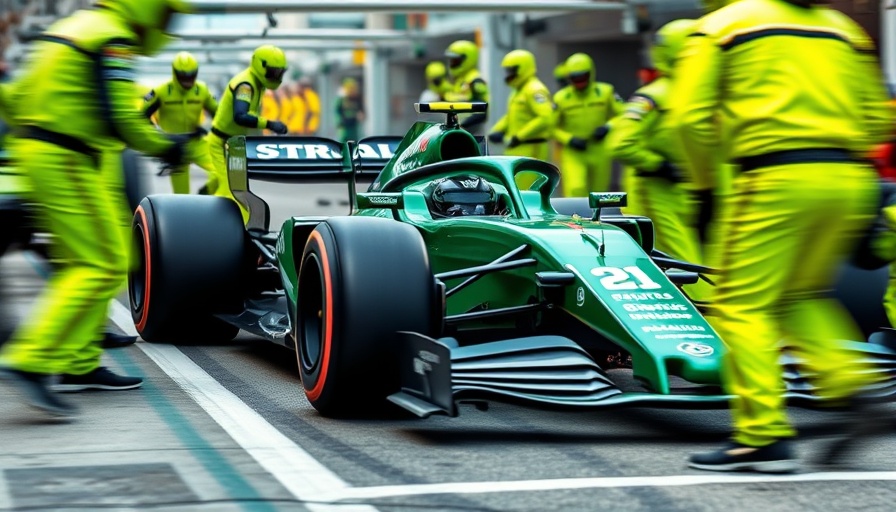 Formula One pit stop action with vibrant team colors.