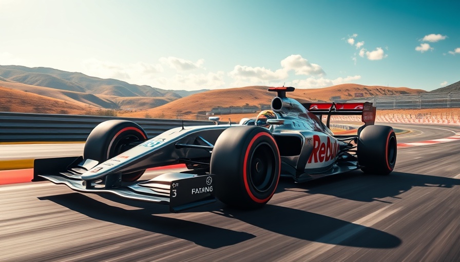 Formula One car racing on a scenic track with hills.