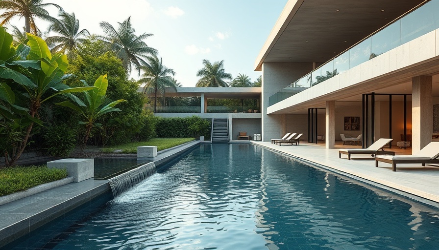 Modern poolside with waterfall at House G+B, minimalist design.