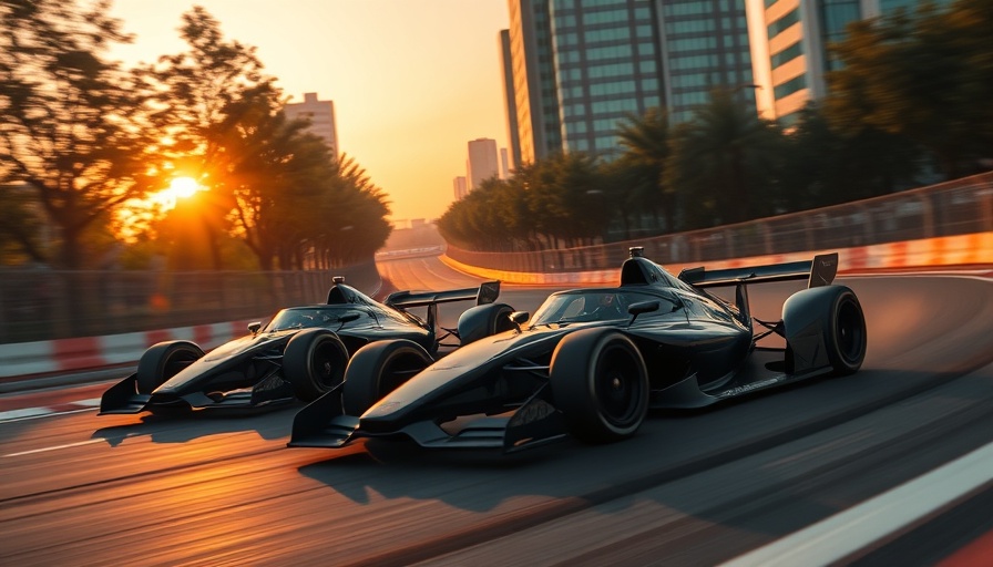 Formula E cars racing at sunset, vibrant competition highlights global TV and social media growth.