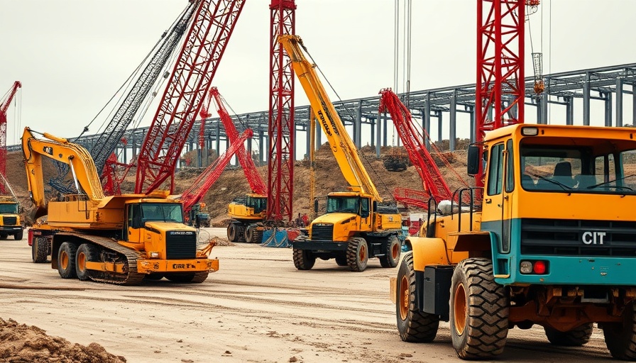 Integrated fleet management construction site with heavy machinery.