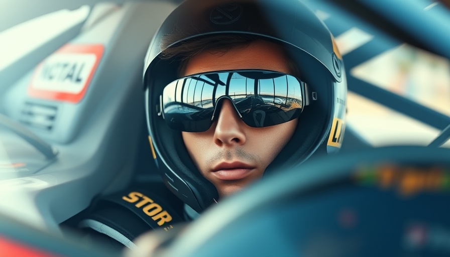 Focused driver in cockpit with reflective sunglasses, Quaker State logo visible.