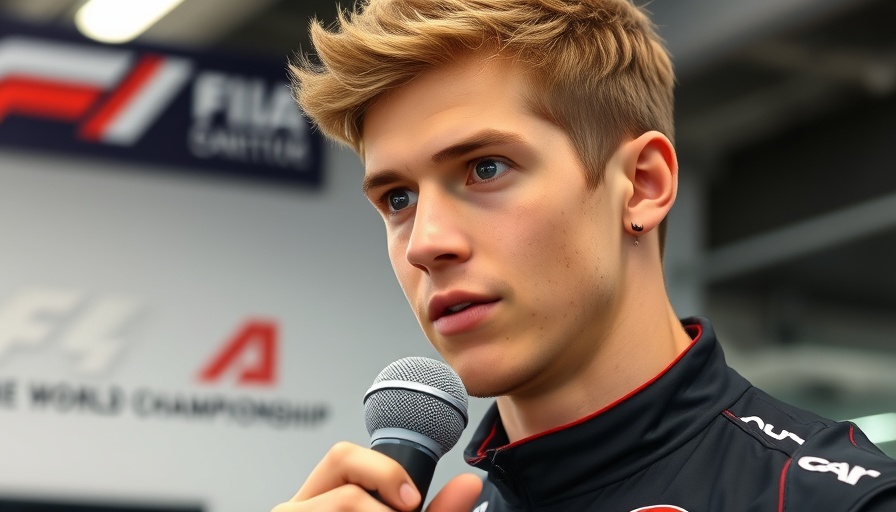 Formula One driver in media session, holding microphone.
