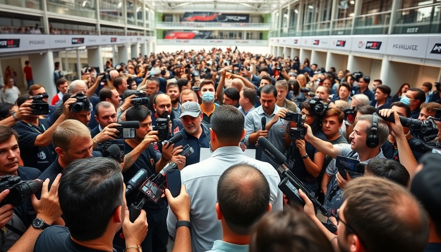 Formula One conference with rumors discussion, lively crowd of reporters.
