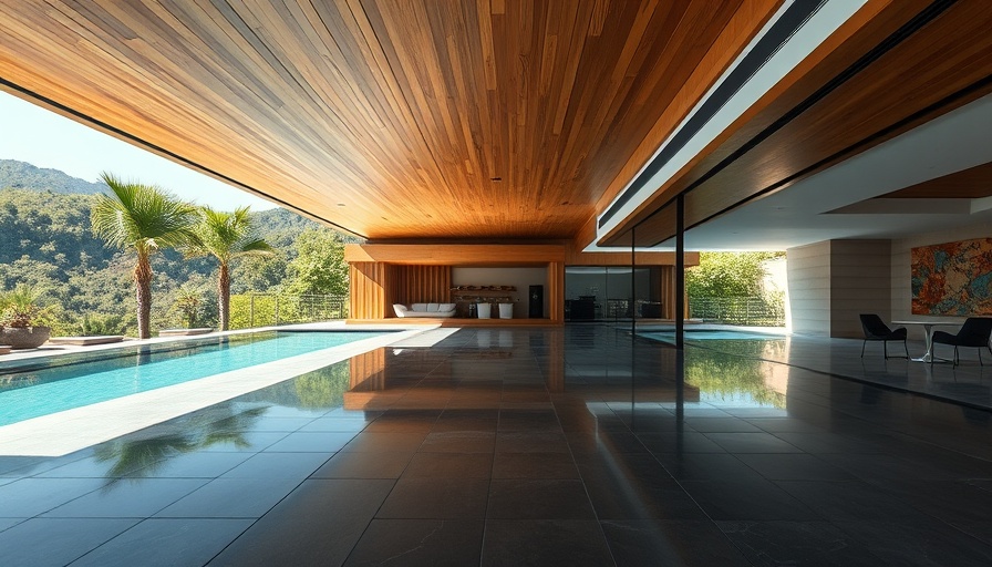 Modern living area with Made in the USA tile by a pool
