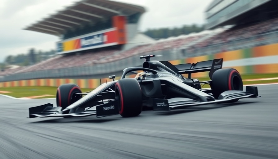 High-speed F1 car on track, showcasing weather's impact on F1 performance.