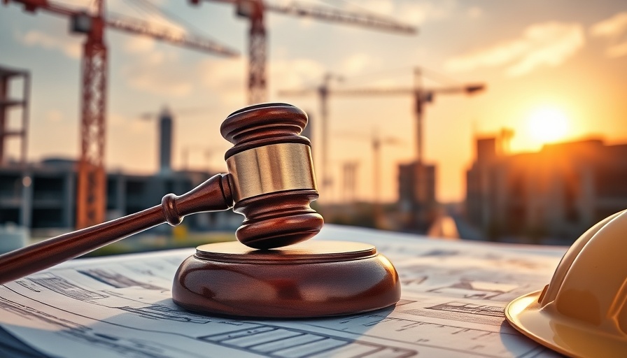 Gavel and blueprints with construction site backdrop symbolizing federal construction contract terminations.